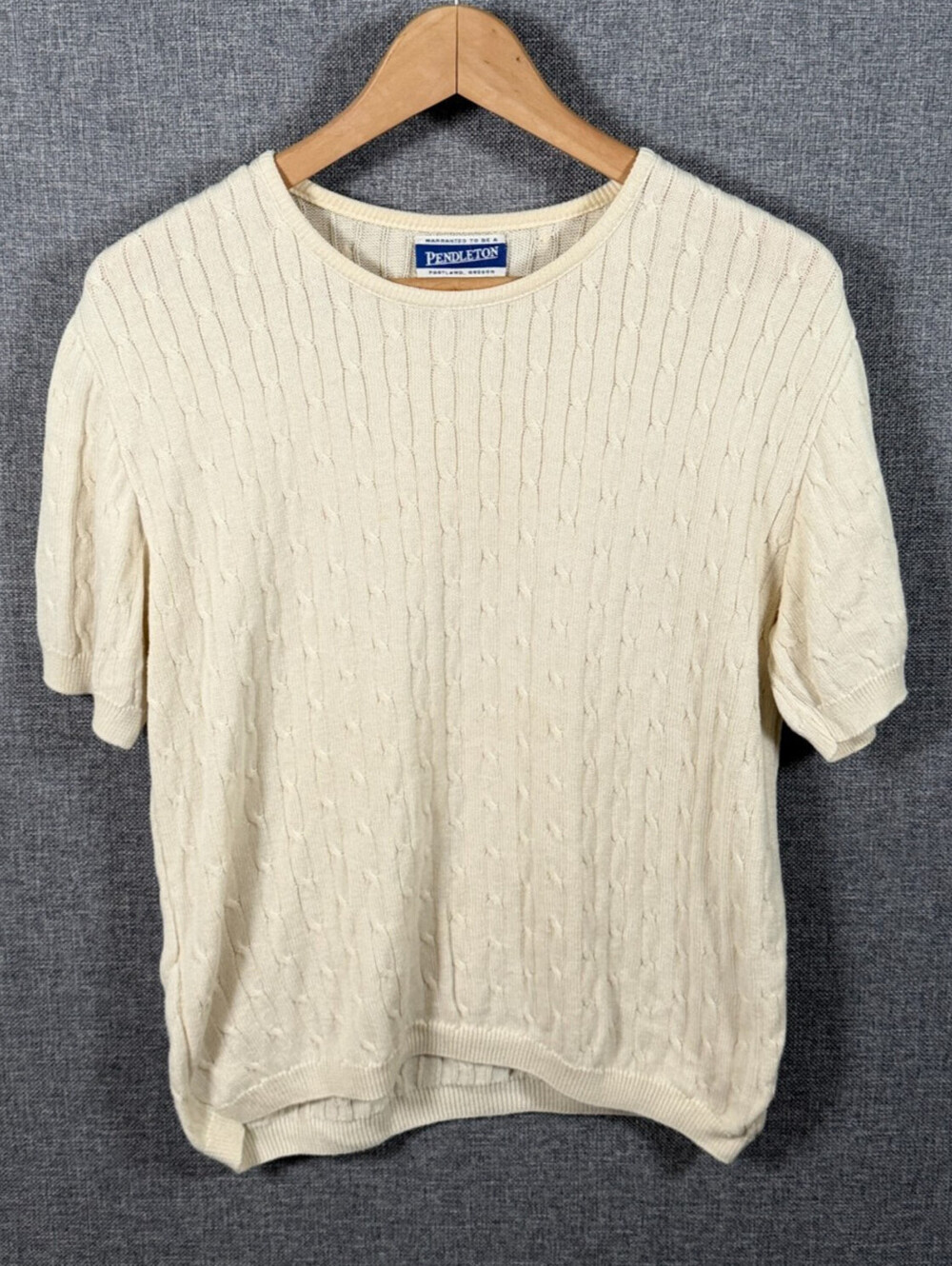 VTG Pendleton Women's Cable Knit Short Sleeve Ivory White Sweater Size M Cotton